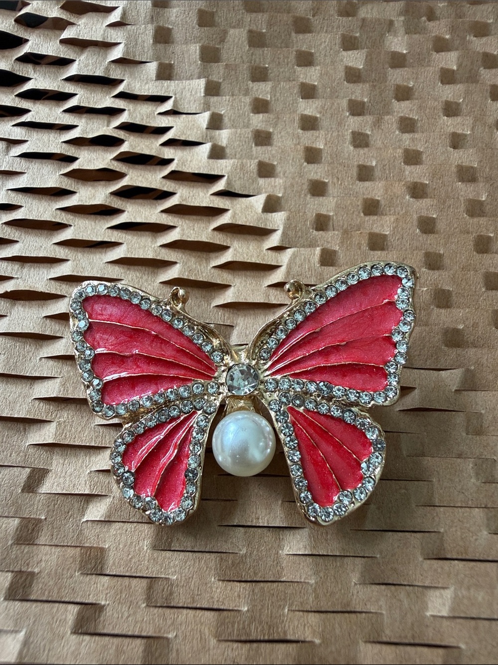 Pink Butterfly Brooch with Pearl and Rhinestones
